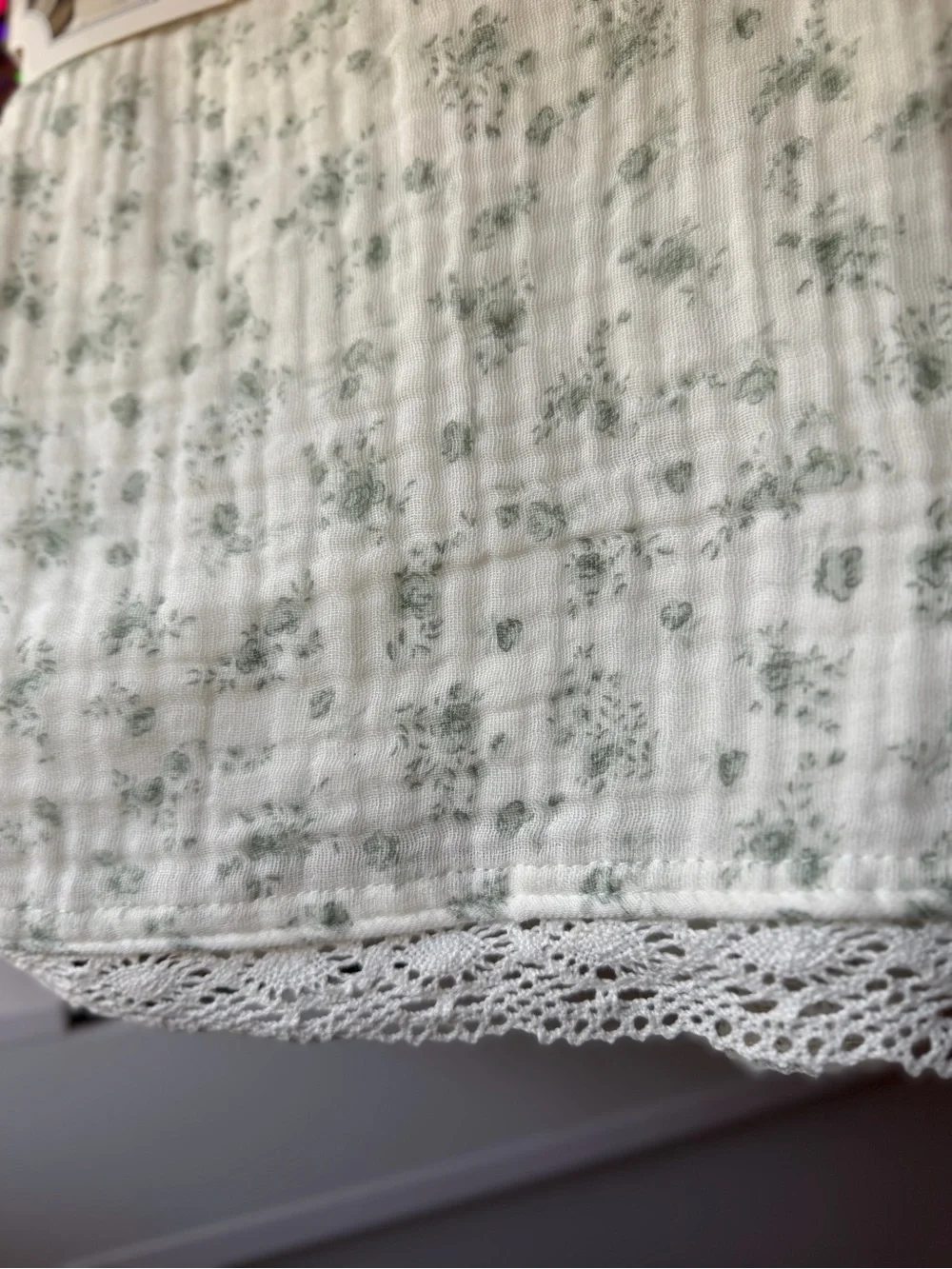 Delphine cotton gauze lace hem green floral rose vintage style Shower Curtan